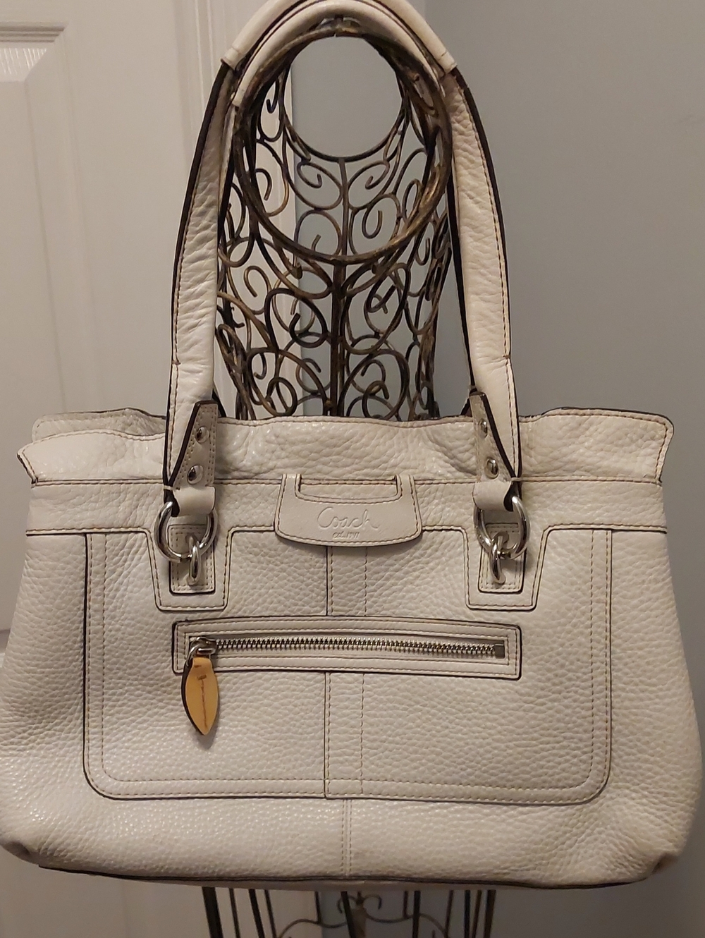 Coach Cream Pebbled Leather Tote with Front Zip Pocket